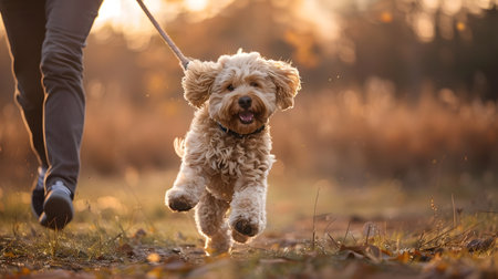 Excited fluffy puppy jumping up in joy as its owner s hand holds the leash during an autumn afternoon walk through a grassy field at sunsetの素材