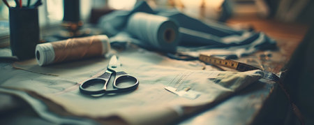A close up view of a sewing pattern scissors measuring tape and other sewing tools arranged neatly on a table showcasing the design process and creative workspace of a fashion designer or seamstressの素材
