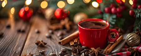 Instant coffee in a festive holiday setting with warm spices red berries and pine twigs on a wooden table background  Cozy and inviting seasonal atmosphereの素材