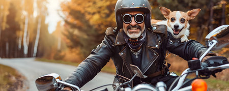 Biker wearing a helmet and his loyal dog wearing goggles ride together on a motorcycle embarking on an adventurous and joyful journey through the outdoorsの素材