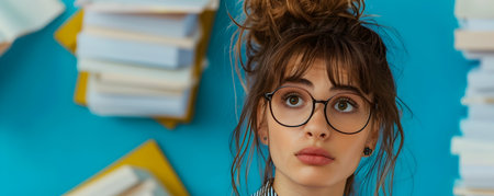 Portrait of a young fashionable woman wearing eyeglasses in a pensive thoughtful pose surrounded by bookshelves in a professional academic setting  She appears focused intelligent and creativeの素材
