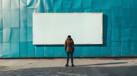 Lone individual standing in front of an empty white advertising display board on a city street with a backdrop of colorful building facades and architectural elementsの素材
