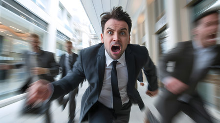 Aggressive and Intense Corporate Sales Tactics in Marketing Campaigns Depicting a Businessman Rushing with an Overly Pushy Approach to Secure Deals and Targetsの素材