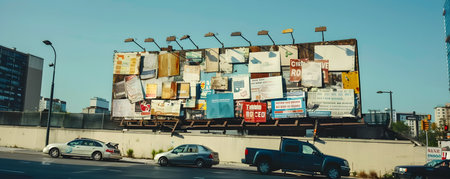 Cluttered and Overloaded Billboard Filled with Too Much Information and Text Conveying a Confusing and Overwhelming Marketing Concept on a Busy City Streetの素材