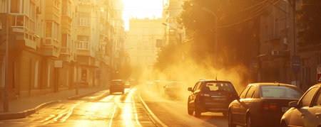 Sweltering urban street scene with heat waves and glare from the sun on a hot summer day in the city  Traffic and buildings line the street in a bustling metropolitan landscapeの素材