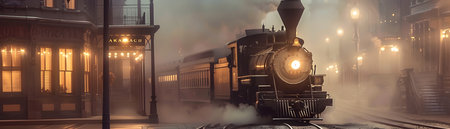 Vintage steam locomotive chugging through the misty fog shrouded streets of an old world historic city creating an air of mystery and nostalgic charmの素材