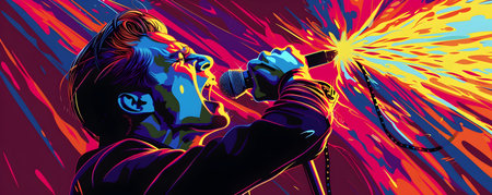 Vibrant Neon Pop Art of a Charismatic Rock Singer Performing on Stage with a Microphone Capturing the Iconic Energy and Excitement of a Live Rock Concert Performanceの素材