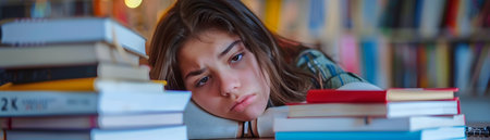 Portrait of a young female student looking stressed and pensive while surrounded by textbooks and homework representing the challenges and burdens of academic life and the pressure to perform wellの素材