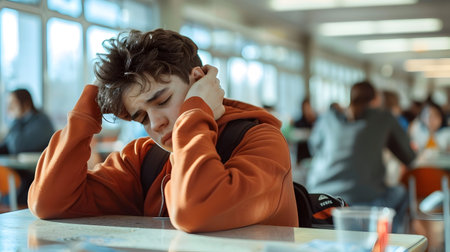 Overwhelmed and Anxious Teenage Student Sitting Alone at a Table in a Crowded and Busy School Cafeteria Feeling Isolated and Uncomfortable in the Social Settingの素材