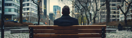 A moody businessman sits alone on a park bench in the city reflecting on the emotional impact of job loss during a gloomy overcast dayの素材