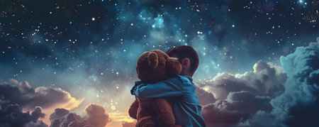 Young child finds comfort and security in the embrace of a soft cuddly teddy bear as they gaze up at the vast starry night sky feeling safe despite any bedtime anxiety or darknessの素材