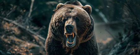 Ferocious brown bear growling with teeth bared and claws out in a forest clearing showcasing its primal power and fear inducing presence as a top predator in the wildの素材