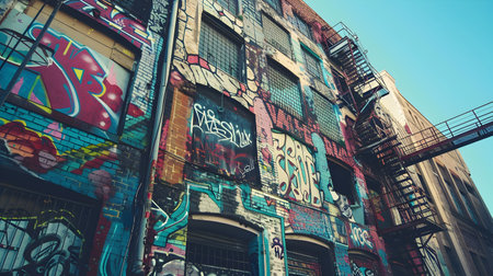 Surreal and vibrant graffiti artwork covering the exterior of a tall urban building  Dreamlike and fantastical art style with colorful paint textures and abstract patterns creating a creativeの素材