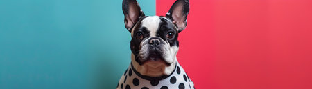 Adorable French Bulldog puppy dressed up in a stylish polka dot dress posing against a vibrant colorful studio backdrop with ample copy space  Playful and contemporary pet fashion conceptの素材
