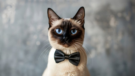 Closeup portrait of a Siamese cat wearing a black bow tie showcasing the animal s elegant classy style in a neutral minimalist studio backdropの素材
