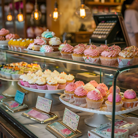 Vibrant assortment of colorful cupcakes cakes and other delectable pastries displayed in the glass cases of a traditional bakery counter complemented by a vintage style cash registerの素材