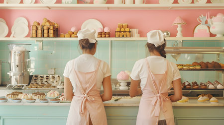 Cozy Vintage Bakery Kitchen Setting with Bakers in Aprons Preparing Delectable Pastries and Confections on Pastel Colored Walls and Display Shelvesの素材
