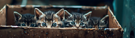 Scruffy dirty kittens sheltering from the rain in an old abandoned cardboard box on a wet glistening city street after a heavy downpour  The kittens are peeking out from their makeshift shelterの素材