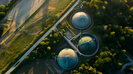 Aerial view showcasing hydrogen storage tanks situated in a verdant eco friendly setting demonstrating the of sustainable infrastructure and renewable energy technologiesの素材