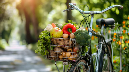Eco Friendly Bicycle Transporting Fresh Organic Vegetables and Fruits in Wicker Basket Outdoors in Natural Setting for Sustainable Healthy Lifestyleの素材