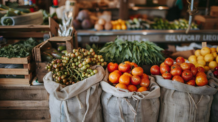 Vibrant display of fresh organic produce in cloth bags showcasing a zero waste plastic free shopping experience at a local market or store  Eco friendly and sustainable shopping conceptの素材