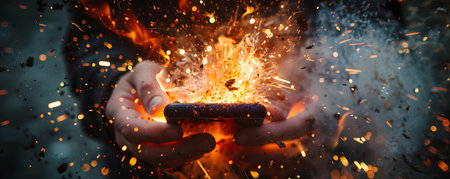 Dramatic and explosive scene of a smartphone device bursting into flames emitting intense sparks and fiery energy in a dynamic chaotic and hazardous displayの素材