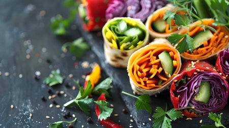 Vibrant and Nutritious Vegetable Wraps Filled with Fresh Herbs   Healthy Plant based Lunch or Snack Option  Eco friendly Takeout or Delivery Mealの素材