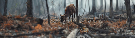 Deer wandering through a devastated forest landscape after an environmental disaster such as deforestation or a natural disasterの素材