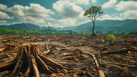 Aerial view of a deforested mountainous area with stumps and bare ground showing efforts towards reforestation and environmental recovery through replanting of trees and vegetationの素材