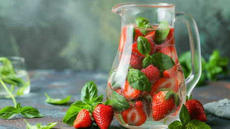 Infused water with fresh ripe strawberries and fragrant basil leaves in a transparent glass jug a healthy hydrating and flavorful drink perfect for summer or as a refreshing beverage any timeの素材