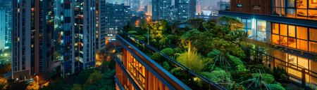 Illuminated Green Roofs and Lush Gardens Adorn the Vibrant Captivating Cityscape at Night Showcasing a Sustainable Eco Friendly Urban Environmentの素材