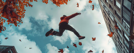 Parkour athletes performing impressive aerial maneuvers as they leap between autumn colored urban buildings showcasing their acrobatic skills and daring spirit in an outdoor city landscapeの素材