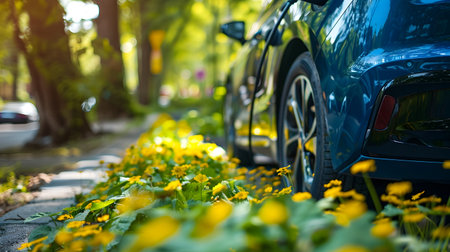 Electric car charging stations situated near thriving urban community gardens highlighting the of green energy technologies and sustainable infrastructure in a modernの素材