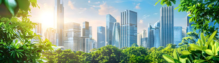 Futuristic cityscape with skyscrapers and modern architecture powered by sustainable green energy and eco friendly urban development showcasing the future of clean efficientの素材