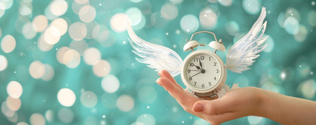 Whimsical morning scene with a winged alarm clock trying to fly away as a person lazily reaches out to stop itの素材