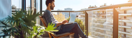Remote worker taking a relaxing lunch break on a sunny balcony combining leisure and professional duties while surrounded by greenery and enjoying the urban city viewの素材