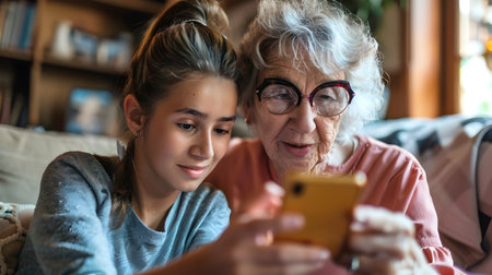 Teenager Guiding Elderly Relative with Smartphone Usage Bridging Tech Knowledge Across   A heartwarming scene of a young person patiently teaching an older adult how to use a modern digital deviceの素材