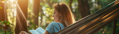 A young woman immersed in the pages of a physical book resting peacefully in a hammock surrounded by the serene beauty of a lush forestの素材