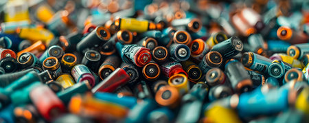 Close up view of a large pile of various discarded batteries   an environmental hazardous waste concept showcasing the need for proper e waste disposal and recycling solutionsの素材