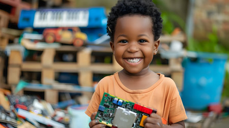 Smiling young boy holding a toy made from e waste materials showcasing the creative reuse and recycling conceptの素材