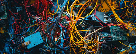 Abstract composition of tangled wires and circuit boards in vivid colors representing the chaotic and cluttered nature of e waste and electronic wasteの素材