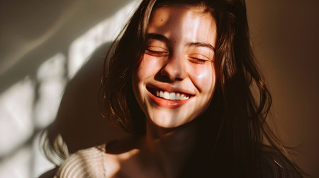 Portrait of a young woman smiling with a subtle shadow of tears behind her expression conveying a powerful message about mental health and emotional vulnerabilityの素材