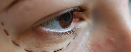 Detailed close up shot of surgical stitches on the cheek following a facelift procedure  The image showcases the medical and cosmetic aspect of the recovery processの素材