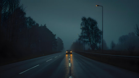Lonely car driving on empty road at night in moody atmospheric landscape with a sense of solitude adventure and a midnight journey through the darknessの素材