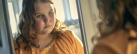 Teenage Girl Contemplating Her Reflection in the Mirror Grappling with Body Image Insecurities and Emotional Turmoil During the Adolescent Yearsの素材