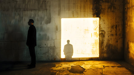 A man stands in a room that is half lit and half dark representing the contrasting emotional states associated with bipolar disorderの素材