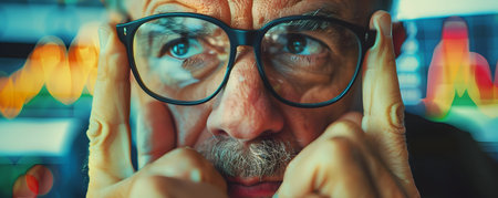 Focused Trader Carefully Adjusting Glasses While Examining and Analyzing Trends in the Gold Market Using Data Analytics and Investment Strategyの素材