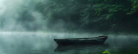 Mystical boat floating on a foggy river surrounded by a dense lush forest landscape  The vessel emerges from the hazy ethereal mist creating a sense of adventure andの素材