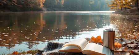 Peaceful and serene autumn lakeside setting with a picnic book and thermos of tea offering a tranquil and introspective moment of relaxation and solitudeの素材