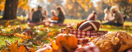 Energetic Autumn Sports Themed Picnic Gathering with Friends in the Park Enjoying Outdoor Dining and Funの素材